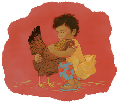 small girl hugging a large chicken