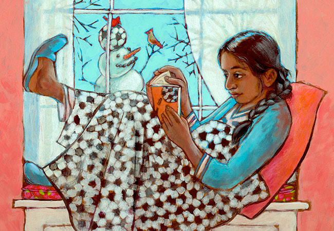 girl reading a soccer book, sprawled in a window seat under a soccer-ball-patterned throw blanket, with a view out the window of a snowperson balancing a soccer ball on its head