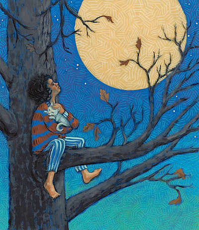 girl in a tree with a cat at night looking at the moon