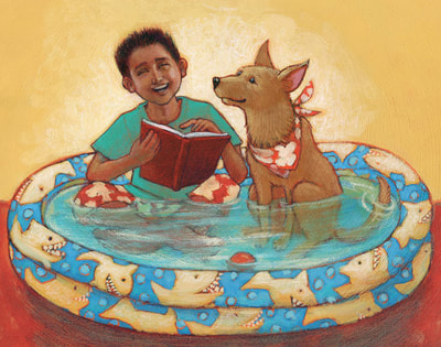 boy reading and sitting in wading pool with dog