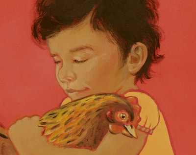 closeup of girl,hugging chicken